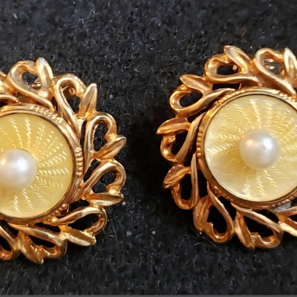 CATHE Gold Tone Yellow Guilloche Enamel Faux Pearl Clip on Earrings, Vintage